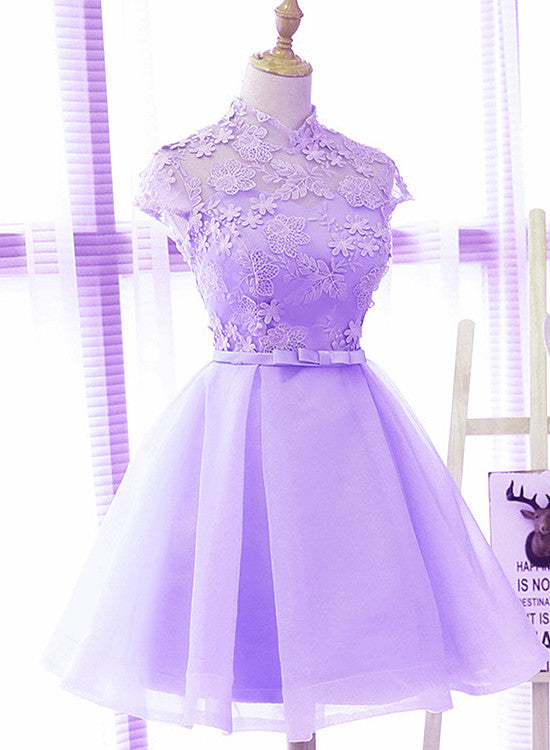 Cute High Neckline Lavender Short Graduation Dress, Short Prom Dress