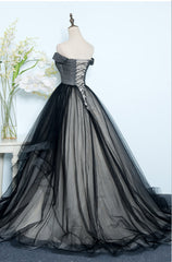 Beautiful Black Tulle Off Shoulder Floor Length Gown, Black Evening Dresses