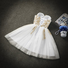 Cute White Tulle Party Dress with Gold Applique, Prom Dresses, Short Prom Dresses