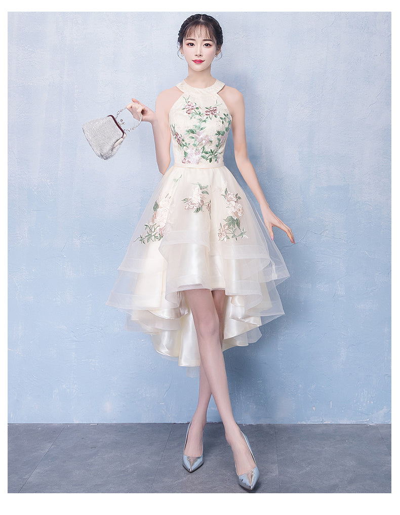Ivory High Low Halter Tulle Layers Homecoming Dress, High Low Party Dress Prom Dress