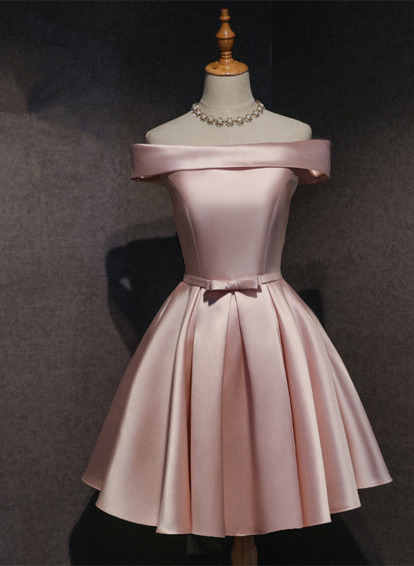 Cute Pink Satin Off Shoulder Knee Length Formal Dress, Lovely Prom Dress