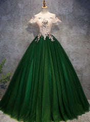 Dark Green Off Shoulder Tulle Long Party Dress, Sweet 16 Dress