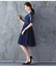 Navy Blue Lace Short Sleeves Tulle Short Homecoming Dress, Blue Tulle Prom Dress Formal Dress