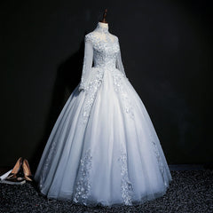 Grey Tulle Long Sleeves Sweetheart Party Dress, Long Evening Gown