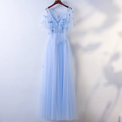 Simple A-line Blue Tulle with Lace Applique, Blue Floor Length Prom Dress