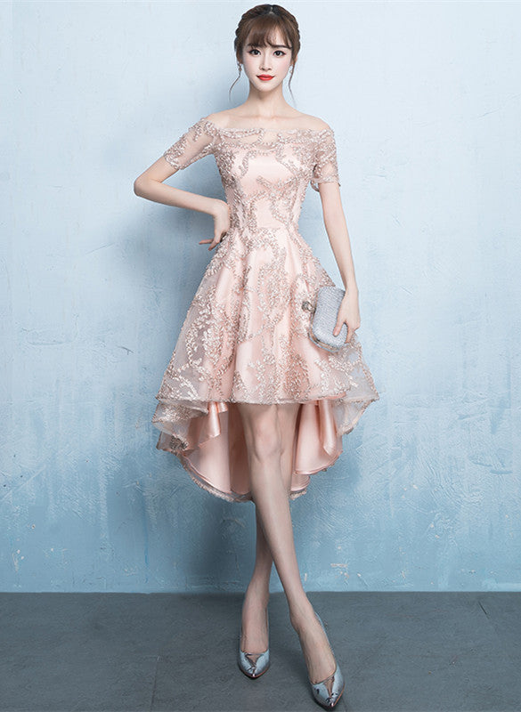 Beautiful Champagne High Low Lace Homecoming Dress, Off Shoulder Prom Dress