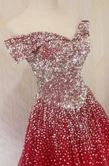 Red Tulle Beaded Off the Shoulder Long Party Gown, Red Formal Dresses
