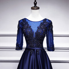 Navy Blue Satin with Lace Short Sleeves Long Prom Dresses, Blue Evening Dresses Formal Dress