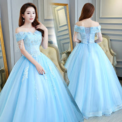 Beautiful Light Blue Tulle Off Shoulder Ball Gown Sweet 16 Gown, Blue Formal Gown