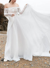Off-The-Shoulder A-Line Wedding Dress With Long Sleeves In Chiffon/Lace Floor Length Elegant