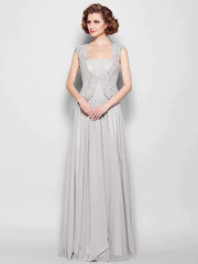 A-Line Mother of the Bride Dress Vintage Inspired Square Neck Floor Length Chiffon Sleeveless with Beading Draping