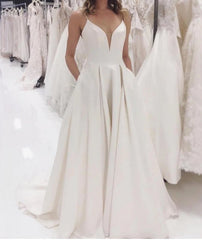 Spaghetti Straps A-line Wedding Dresses Simple Satin Bridal Gowns Floor Length Sexy Wholesale