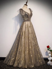 Champagne V-neckline Tulle Long Party Dress, A-line Straps Prom Dress HZ1024