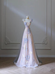 Pink Floral A-Line Strap Tulle Long Evening Dress HZ1024