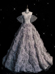 Light Purple A Strapless 3D Floral Tulle Tutu Poncho Dress Floor Length Prom Dresses HZ1024