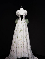 White A-Line Floral Strapless Strapless Bowknot Floor Length Prom Dresses HZ1024