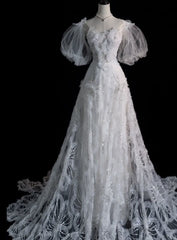 White A-Line Short Sleeve Floral Tulle Long Floor Length Prom Dresses HZ1024