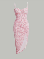 Charming Pink Strap Slit Floral Dress Homecoming Gown HZ1024