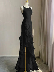 Black Round Neckline Low Back High Low Party Dress, Black Halter Prom Dress HZ1024