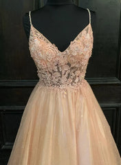 Pink Tulle with Lace Applique Beaded V-neckline Prom Dress, Pink Long Party Dress HZ1024