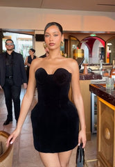 Simple Black Sleeveless Velvet Short Ball Gown Evening Dress HZ1024