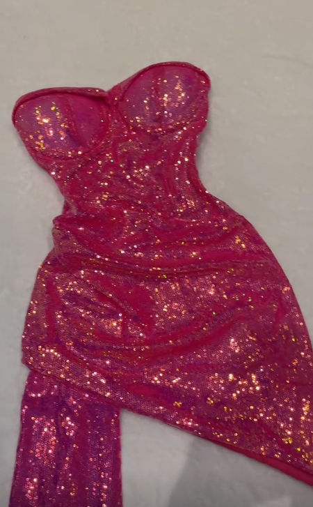 Shiny Bright Pink Strapless Sweetheart Neck Sequin Mermaid Short Ball Gown Evening Dress HZ1024