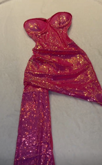 Shiny Bright Pink Strapless Sweetheart Neck Sequin Mermaid Short Ball Gown Evening Dress HZ1024