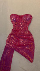 Shiny Bright Pink Strapless Sweetheart Neck Sequin Mermaid Short Ball Gown Evening Dress HZ1024