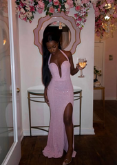 Sexy Pink Off Shoulder Sleeveless Slit Long Party Dress Prom Dress HZ1024
