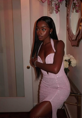 Sexy Pink Off Shoulder Sleeveless Slit Long Party Dress Prom Dress HZ1024