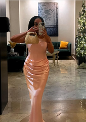 Elegant Mermaid Pink Strapless Satin Long Ball Gown Evening Dress HZ1024