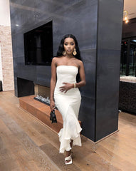 Sexy White Strapless Mermaid Ruffle Ball Gown Evening Dress HZ1024