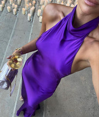 Charming Purple Satin High Neck Off Shoulder Mermaid Long Ball Gown Evening Dress HZ1024