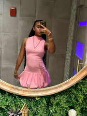Pink Turtleneck Sleeveless Tutu Mini Birthday Party Dress Homecoming Dress HZ1024