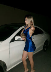 Sexy Blue Sleeveless Satin Backless Short Ball Gown Evening Dress HZ1024