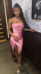 Simple Pink Strapless Sleeveless Satin Slit Mermaid Ball Gown Evening Dress HZ1024