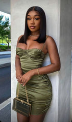 Green strap satin bodycon short mermaid ball gown evening dress HZ1024