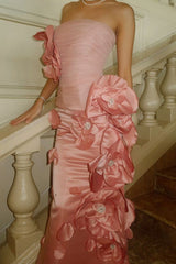 Elegant Pink Strapless Tulle 3D Flower Beaded Satin Mermaid Ball Gown Evening Dress HZ1024