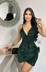 Sexy Strap Black Sequin V Neck Short Ball Gown Evening Dress HZ1024