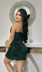 Sexy Strap Black Sequin V Neck Short Ball Gown Evening Dress HZ1024