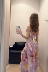 Elegant Purple Printed Spaghetti Strap Chiffon Slit Ball Gown Evening Dress HZ1024