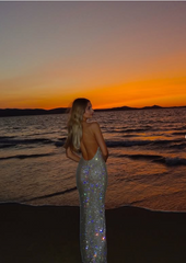 Shiny Champagne Strapless Backless Mermaid Ball Gown Evening Dress HZ1024