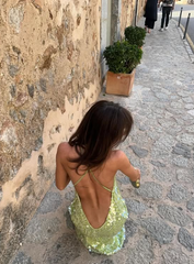 Sexy Low Cut Halter Green Sequined Backless Floor Length Ball Gown Evening Dress HZ1024