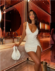 Sexy V-neck Sleeveless Sequin Slit Bodycon Mini Ball Gown Evening Dress HZ1024