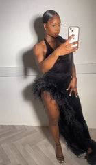 Sexy Black Velvet Halter Neck Side Slit Floor-Mounting Ball Gown Evening Dress HZ1024