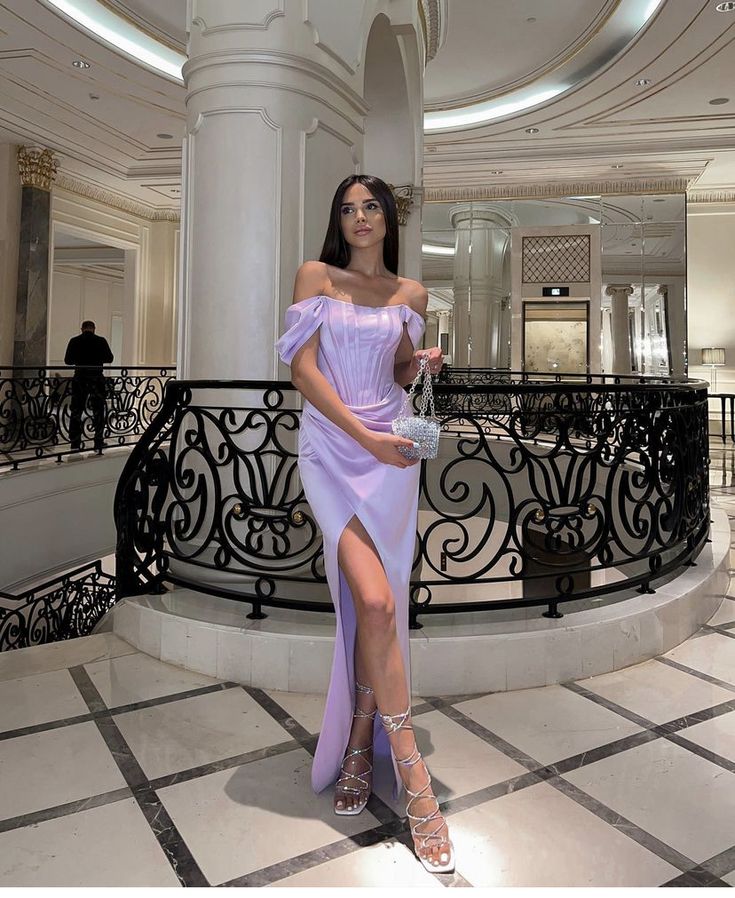 Elegant Purple Off Shoulder Satin Slit Formal Ball Gown Evening Gown HZ1024