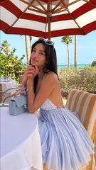 Spaghetti Strap V Neck A-Line Sleeveless Blue Backless Tulle Mini Party Dress Homecoming Dress HZ1024