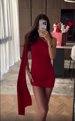 Sexy One Shoulder Red Skinny Mini Prom Dress Evening Gown HZ1024