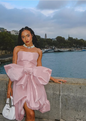 Chic Pink Strapless Bow Irregular Skirt Short Prom Dress Evening Gown HZ1024