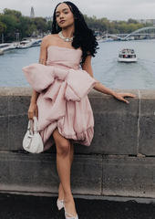 Chic Pink Strapless Bow Irregular Skirt Short Prom Dress Evening Gown HZ1024